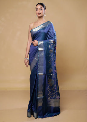 Blue Dupion Silk Saree With Blouse Piece