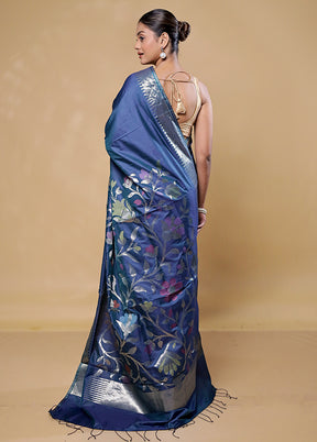 Blue Dupion Silk Saree With Blouse Piece