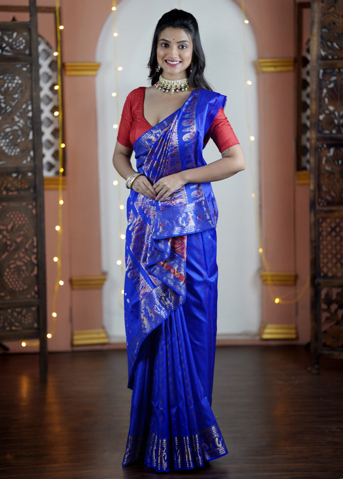 Blue Handloom Baluchari Pure Silk Saree With Blouse Piece