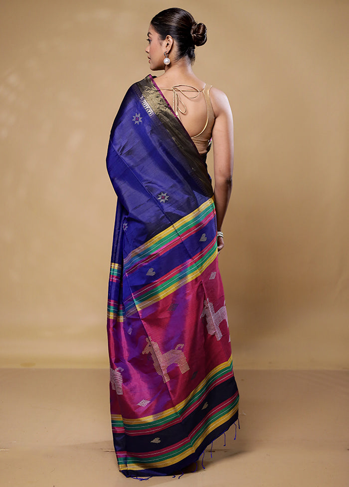 Blue Kalakshetra Kanjivaram Silk Saree With Blouse Piece