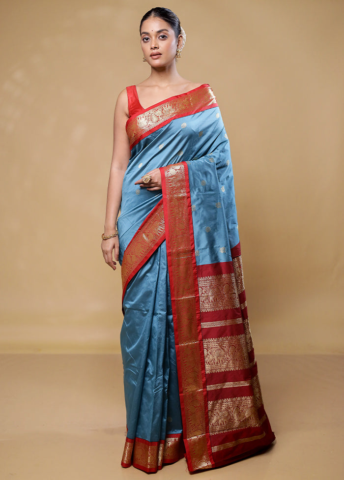 Blue Kanjivaram Silk Saree With Blouse Piece