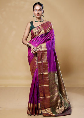 Purple Handloom Kanjivaram Pure Silk Saree With Blouse Piece