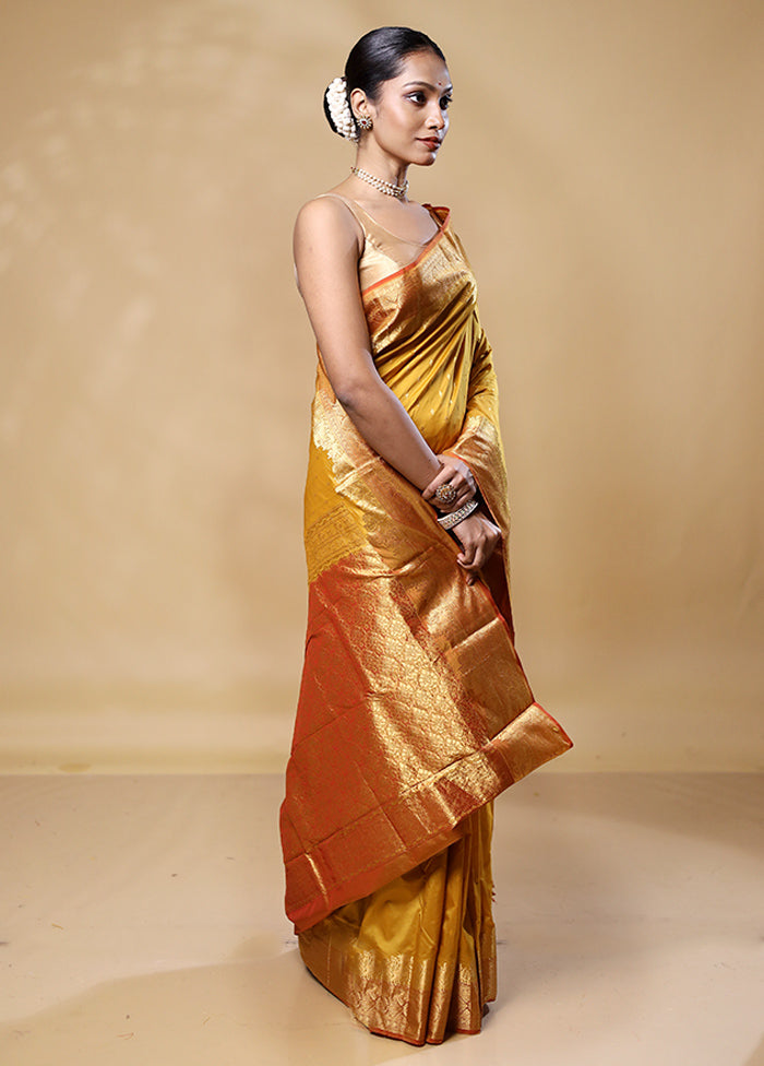 Yellow Handloom Kanjivaram Pure Silk Saree With Blouse Piece