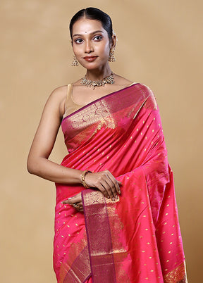 Pink Handloom Kanjivaram Pure Silk Saree With Blouse Piece