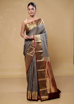 Grey Handloom Kanjivaram Pure Silk Saree With Blouse Piece