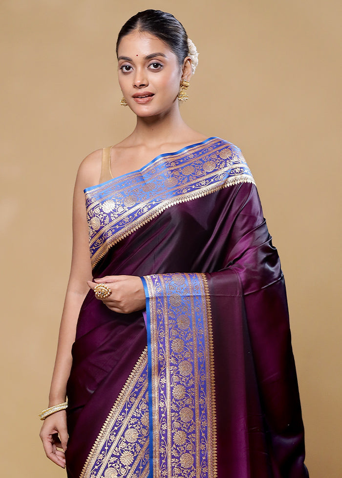 Wine Banarasi Silk Saree With Blouse Piece