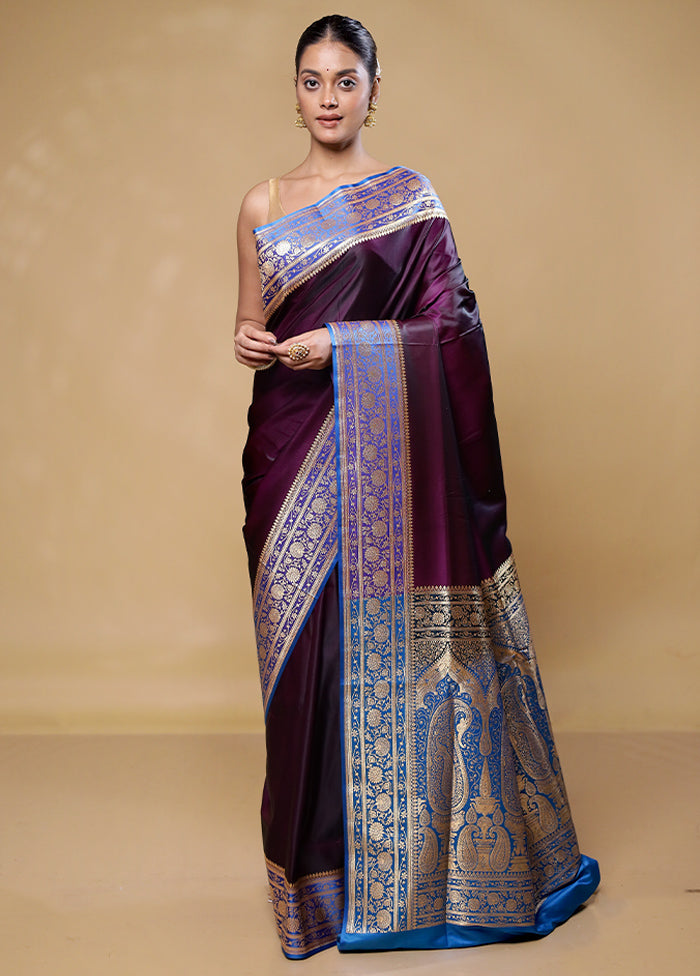 Wine Banarasi Silk Saree With Blouse Piece