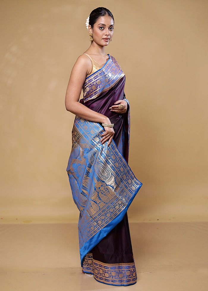 Wine Banarasi Silk Saree With Blouse Piece