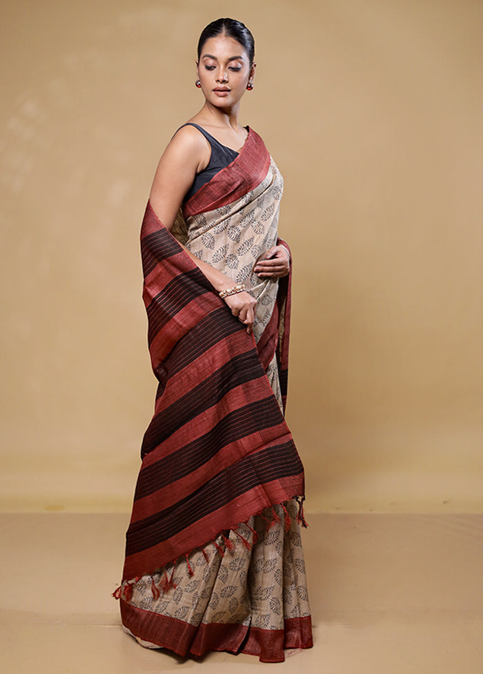 Cream Handloom Tussar Pure Silk Saree With Blouse Piece