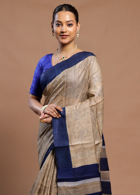 Cream Handloom Tussar Pure Silk Saree With Blouse Piece