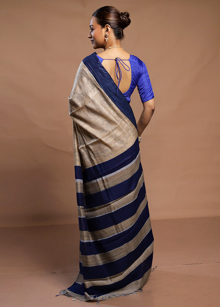 Cream Handloom Tussar Pure Silk Saree With Blouse Piece