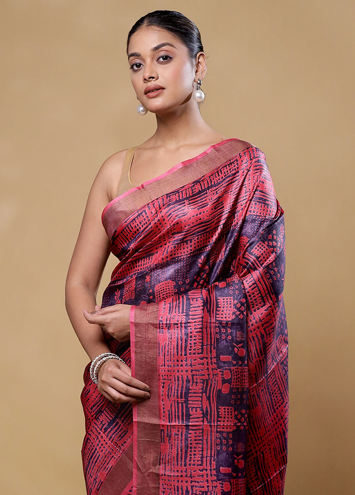 Pink Handloom Tussar Pure Silk Saree With Blouse Piece