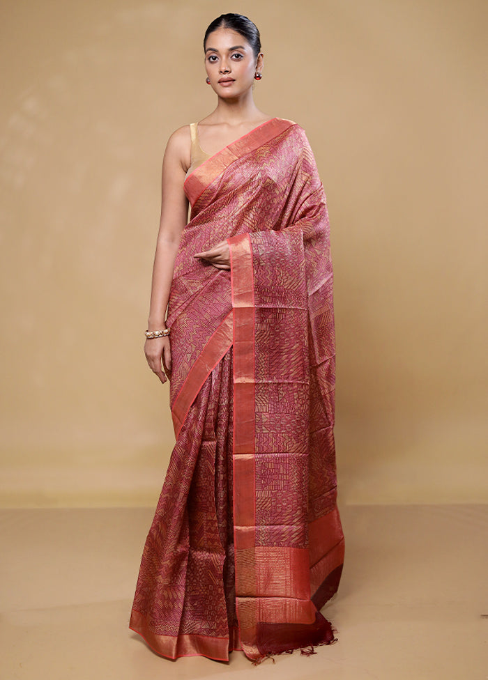 Pink Handloom Tussar Pure Silk Saree With Blouse Piece