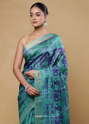 Blue Handloom Tussar Pure Silk Saree With Blouse Piece