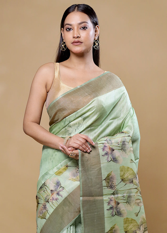 Green Handloom Tussar Pure Silk Saree With Blouse Piece