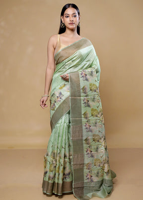 Green Handloom Tussar Pure Silk Saree With Blouse Piece