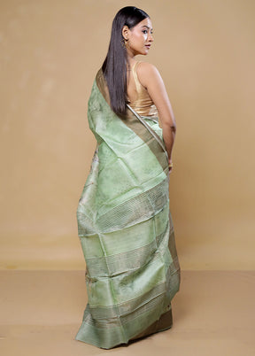 Green Handloom Tussar Pure Silk Saree With Blouse Piece