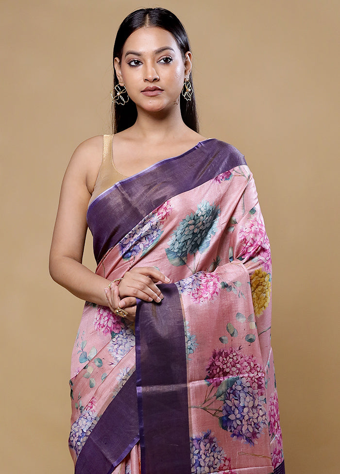 Pink Handloom Tussar Pure Silk Saree With Blouse Piece