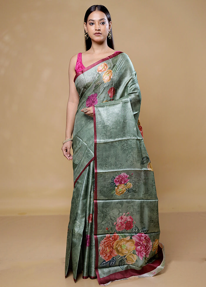 Green Handloom Tussar Pure Silk Saree With Blouse Piece