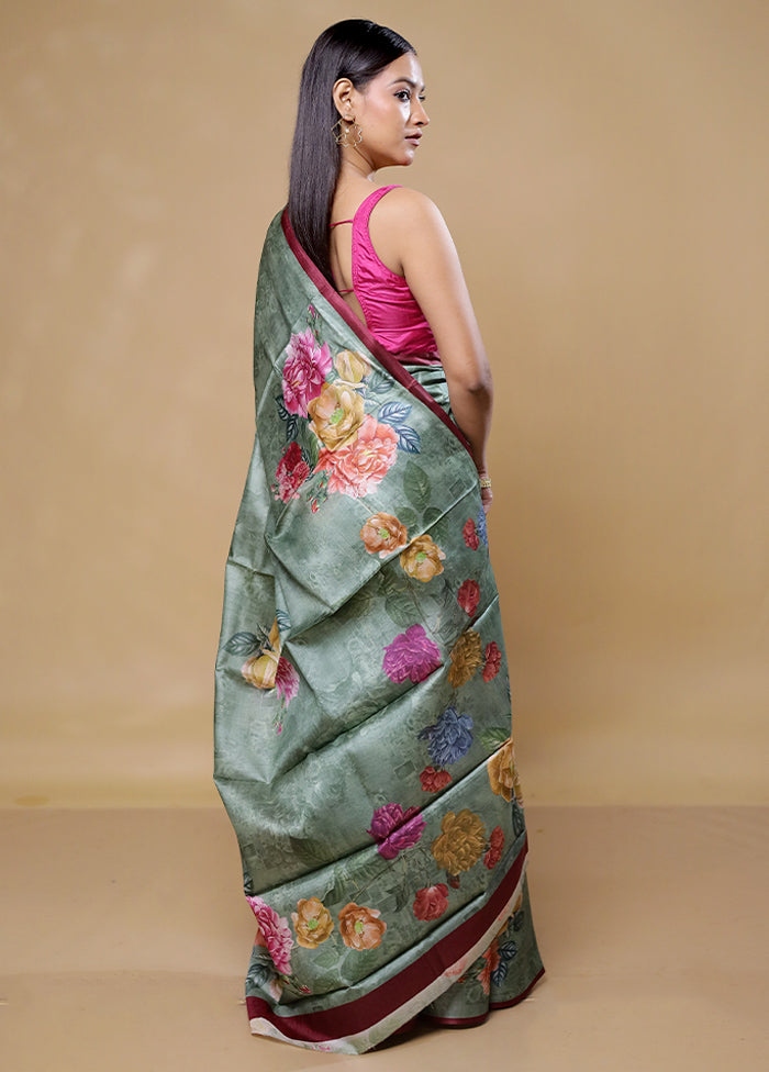 Green Handloom Tussar Pure Silk Saree With Blouse Piece