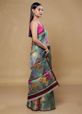 Green Handloom Tussar Pure Silk Saree With Blouse Piece