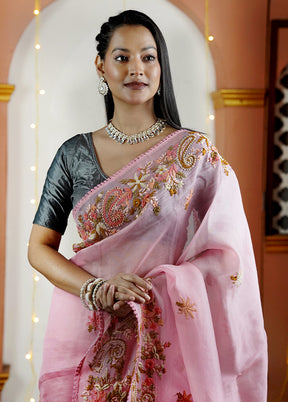 Pink Handloom Pure Organza Saree With Blouse Piece