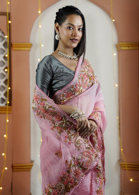 Pink Handloom Pure Organza Saree With Blouse Piece