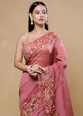 Pink Handloom Pure Organza Saree With Blouse Piece