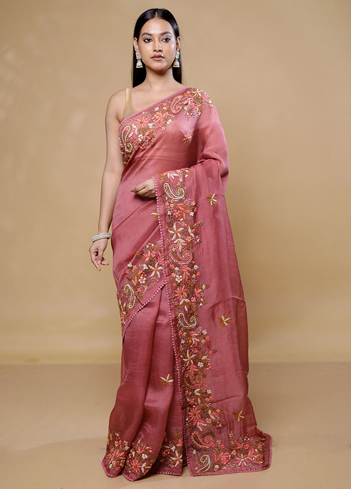 Pink Handloom Pure Organza Saree With Blouse Piece