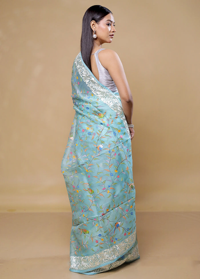 Blue Handloom Pure Organza Saree With Blouse Piece