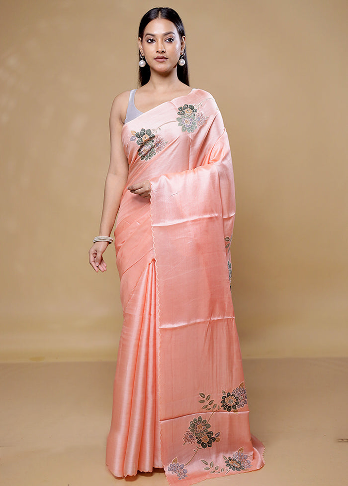 Peach Handloom Pure Organza Saree With Blouse Piece