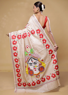 Cream Handloom Kantha Stitch Pure Silk Saree With Blouse Piece