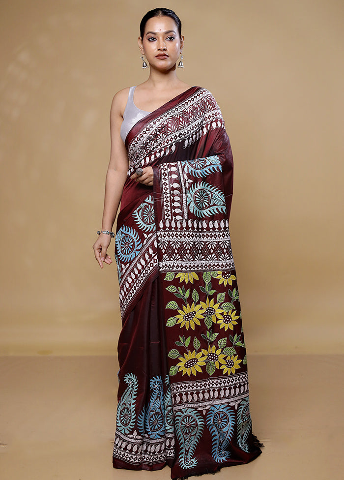 Maroon Kantha Stitch Silk Saree With Blouse Piece