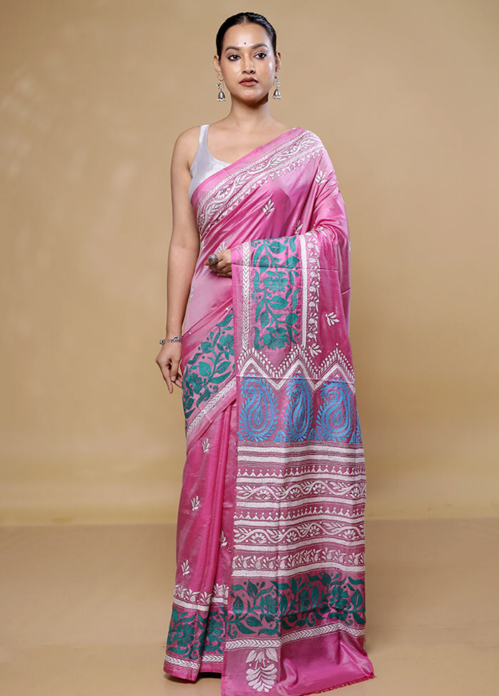 Pink Kantha Stitch Silk Saree With Blouse Piece