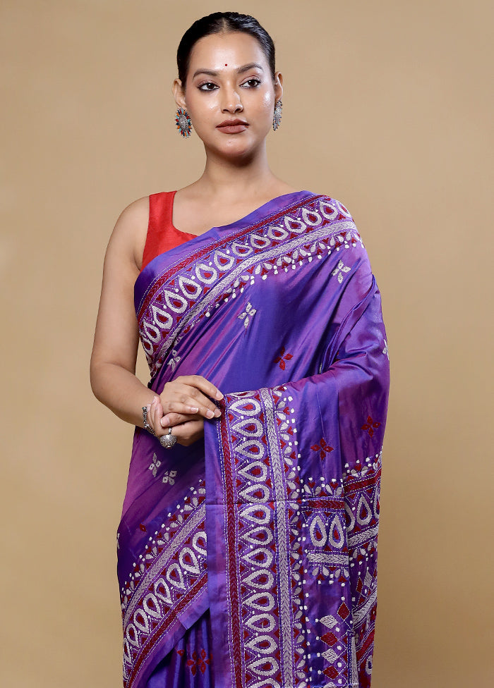 Purple Kantha Stitch Silk Saree With Blouse Piece