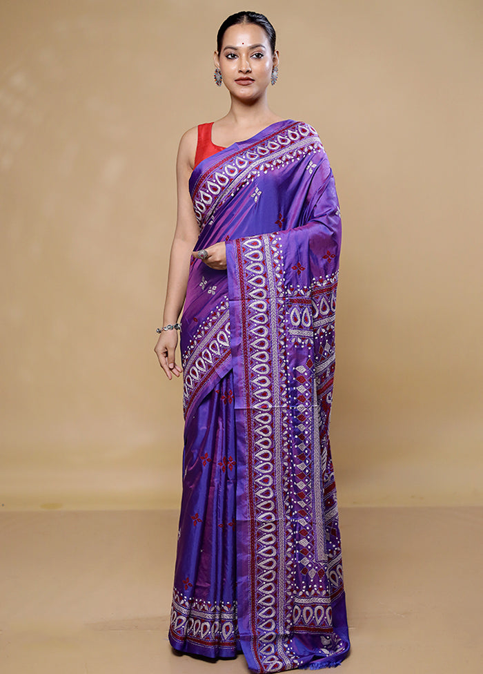 Purple Kantha Stitch Silk Saree With Blouse Piece