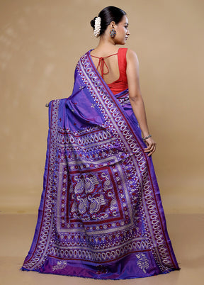 Purple Kantha Stitch Silk Saree With Blouse Piece