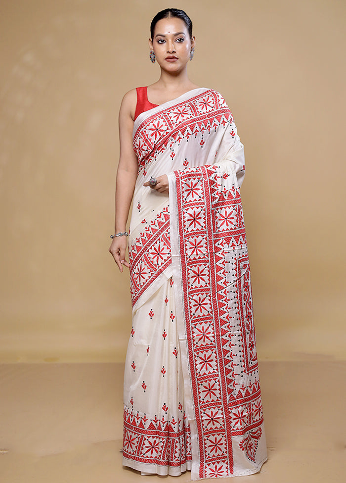 White Kantha Stitch Silk Saree With Blouse Piece