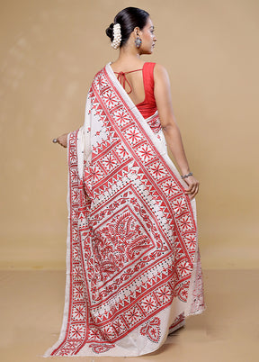 White Kantha Stitch Silk Saree With Blouse Piece