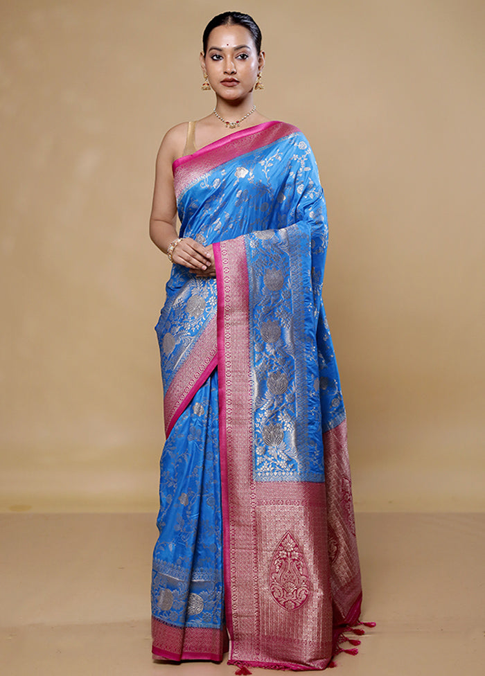 Blue Dupion Silk Saree With Blouse Piece