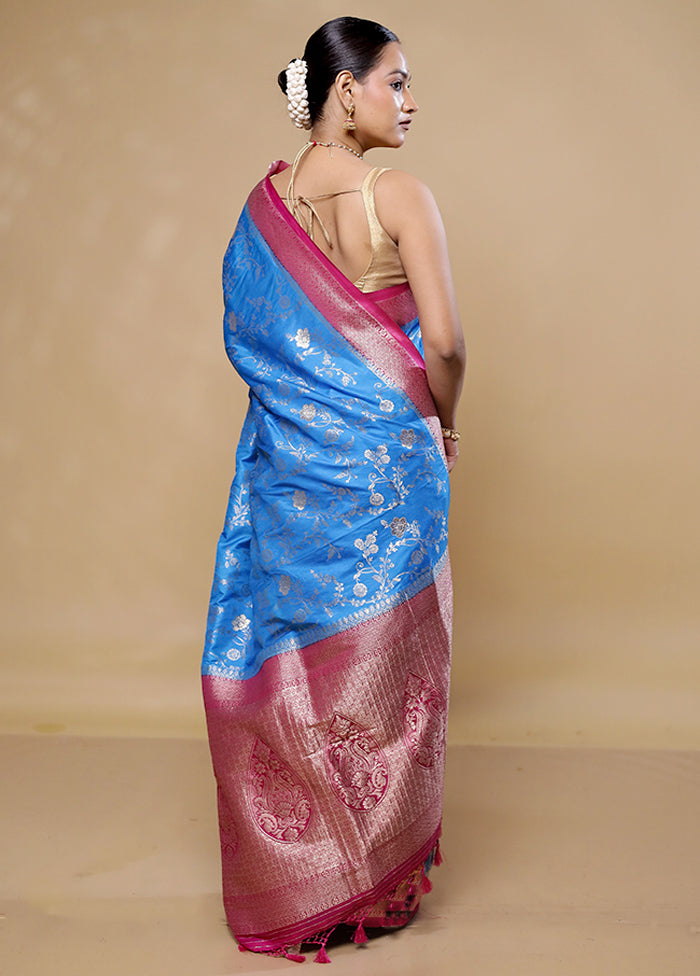 Blue Dupion Silk Saree With Blouse Piece