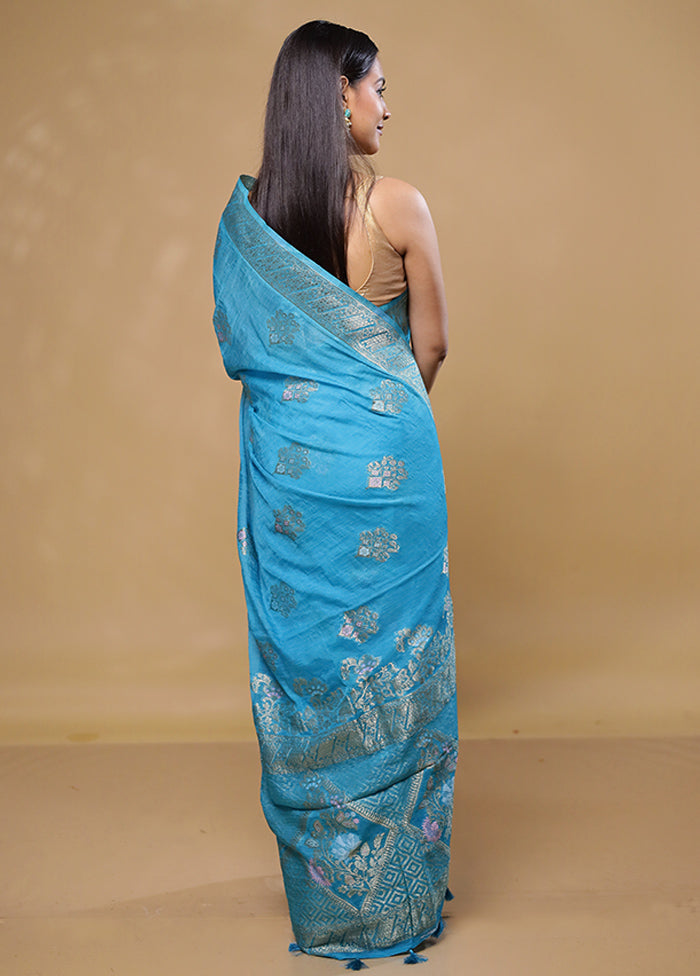 Blue Dupion Silk Saree With Blouse Piece