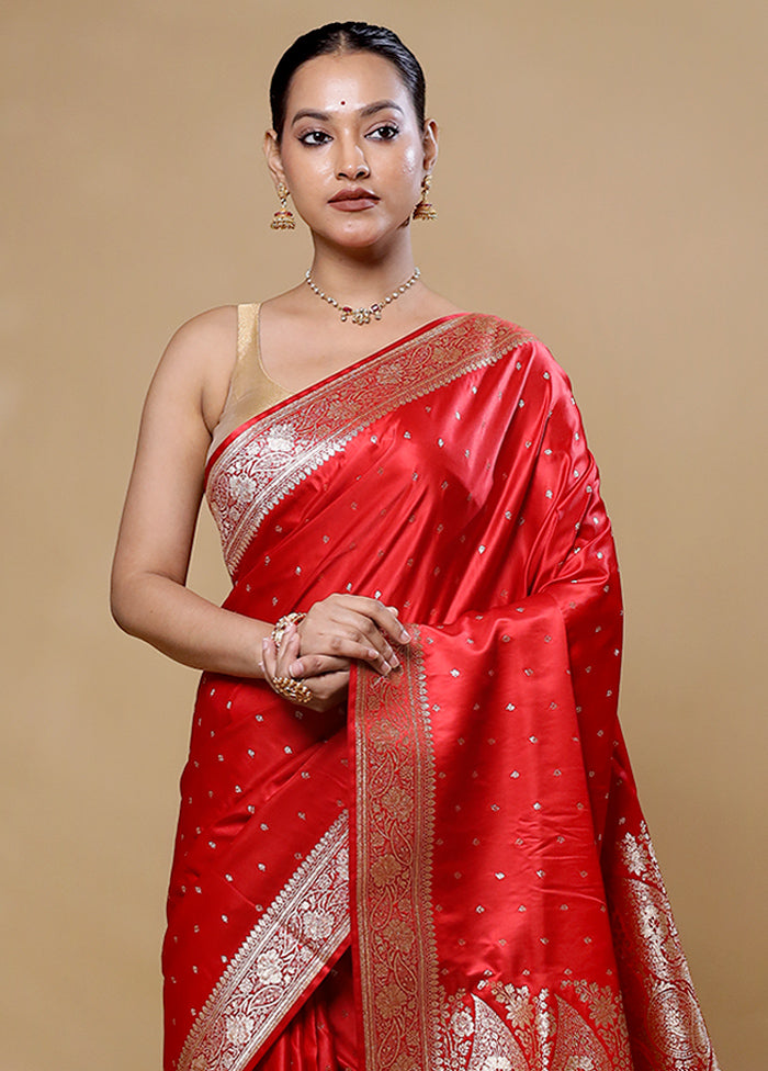 Red Banarasi Silk Saree With Blouse Piece