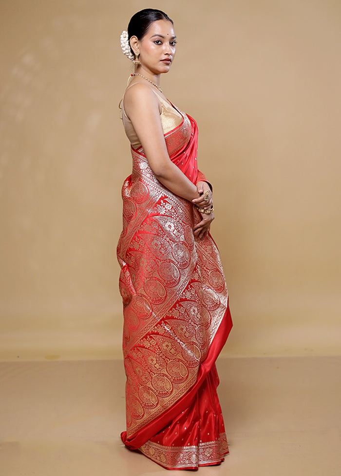 Red Banarasi Silk Saree With Blouse Piece