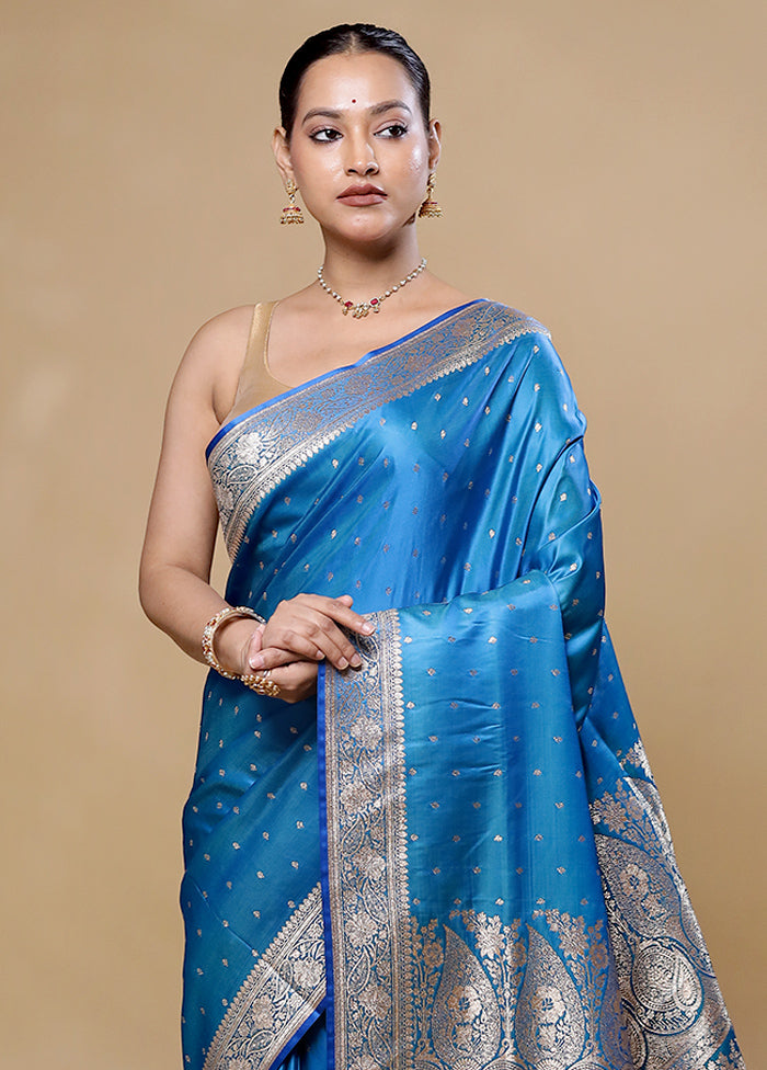 Blue Banarasi Silk Saree With Blouse Piece