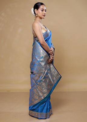 Blue Banarasi Silk Saree With Blouse Piece