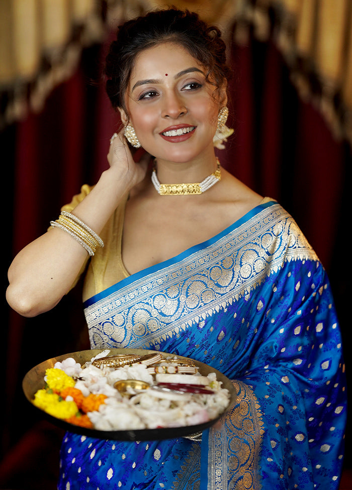 Blue Handloom Tanchoi Pure Silk Saree With Blouse Piece