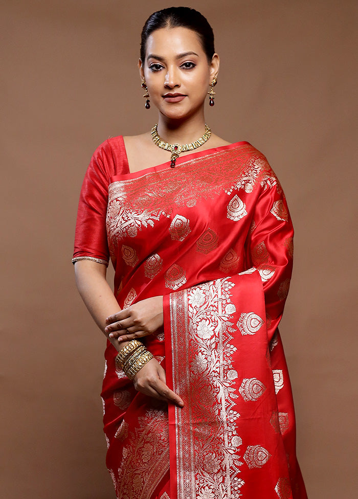 Red Banarasi Silk Saree With Blouse Piece