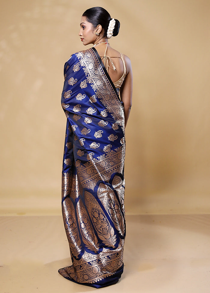 Blue Banarasi Silk Saree With Blouse Piece