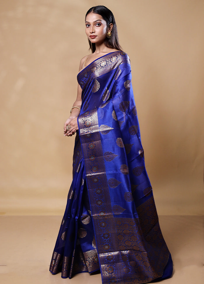 Blue Dupion Silk Saree With Blouse Piece